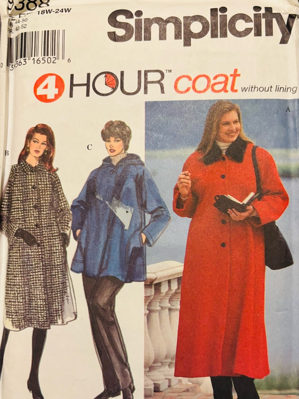 Vintage Coat Simplicity 9388  Plus Size Pattern Sizes 18W-24W UNCUT